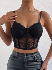 SHEIN Allurite Contrast Lace Bustier Crop Cami Top - Black - View 5