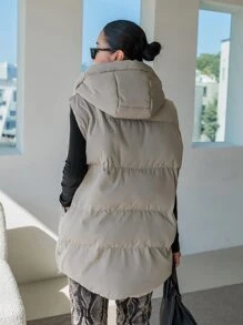 DAZY 1pc Zipper Front Hooded Vest Padded Coat - Khaki - View 2