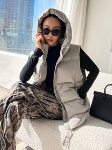 DAZY 1pc Zipper Front Hooded Vest Padded Coat - Khaki - View 3