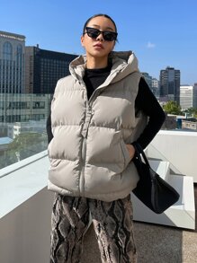 DAZY 1pc Zipper Front Hooded Vest Padded Coat - Khaki - View 4
