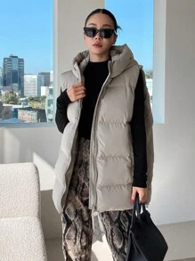 DAZY 1pc Zipper Front Hooded Vest Padded Coat - Khaki - View 5