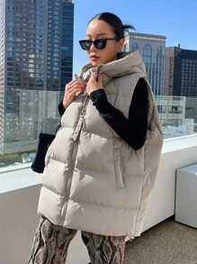 DAZY 1pc Zipper Front Hooded Vest Padded Coat - Khaki - View 6