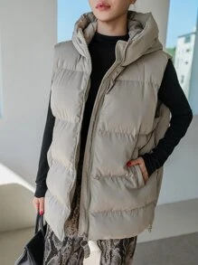 DAZY 1pc Zipper Front Hooded Vest Padded Coat - Khaki - View 8