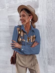 SHEIN LUNE Button Front Horse Print Shirt - Dusty Blue - View 3