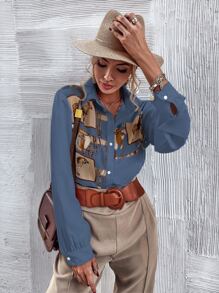 SHEIN LUNE Button Front Horse Print Shirt - Dusty Blue - View 4