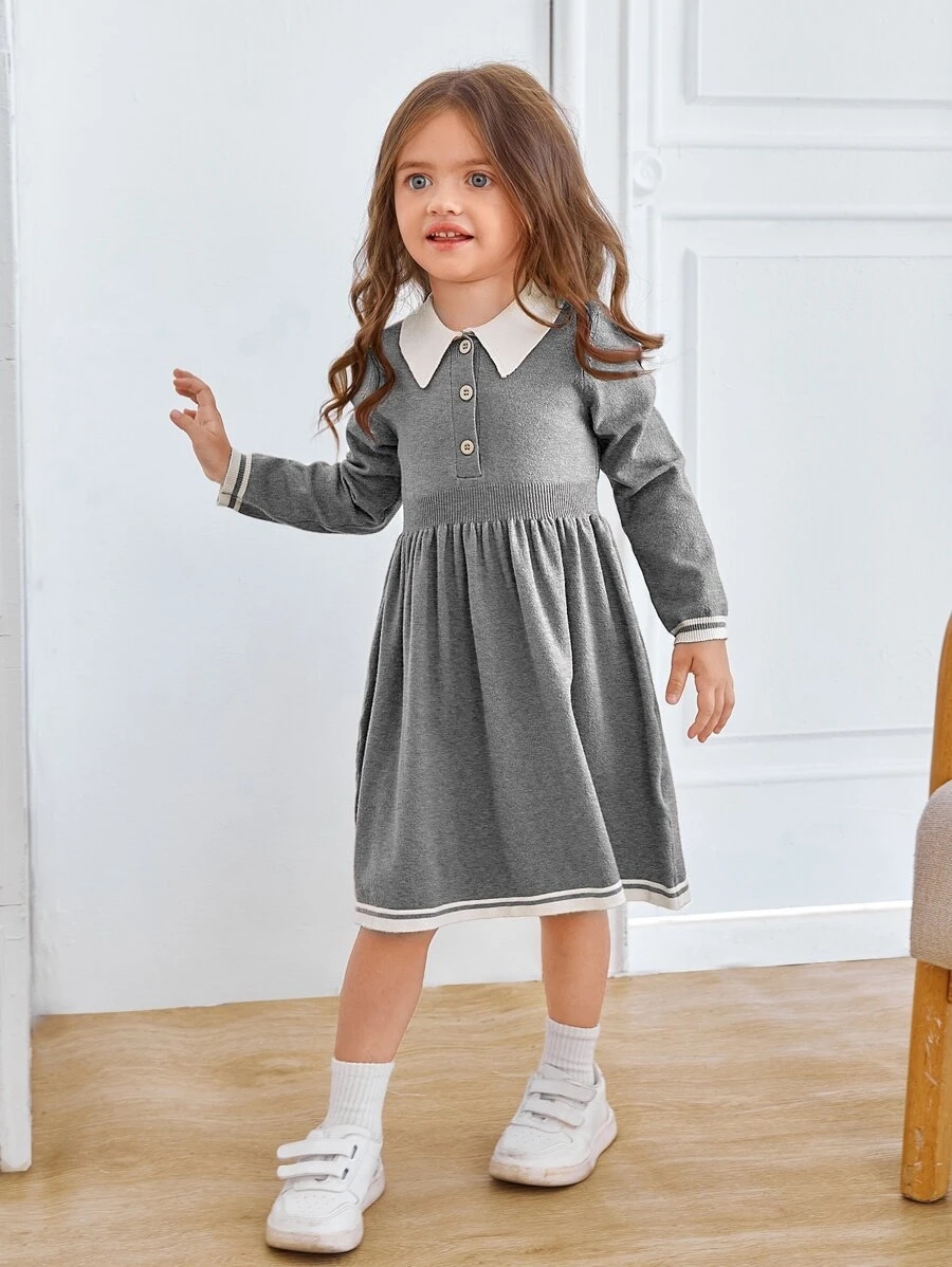 SHEIN Young Girl Contrast Trim Button Detail Sweater Dress - Light Grey - View 1