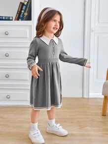 SHEIN Young Girl Contrast Trim Button Detail Sweater Dress - Light Grey - View 5