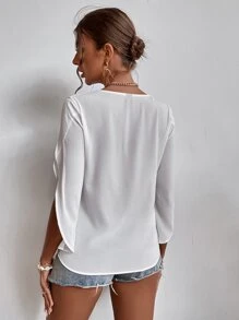 SHEIN Unity Guipure Lace Insert Petal Sleeve Blouse - White - View 2