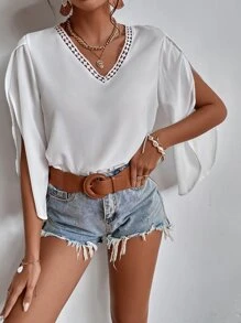 SHEIN Unity Guipure Lace Insert Petal Sleeve Blouse - White - View 4