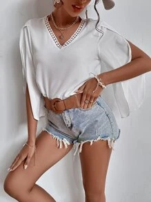 SHEIN Unity Guipure Lace Insert Petal Sleeve Blouse - White - View 5