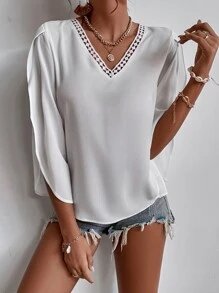 SHEIN Unity Guipure Lace Insert Petal Sleeve Blouse - White - View 7