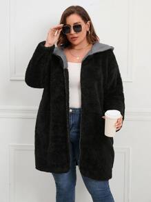 SHEIN LUNE Abrigo teddy de hombros caídos con capucha - Negro - Ver 1