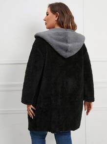 SHEIN LUNE Abrigo teddy de hombros caídos con capucha - Negro - Ver 2