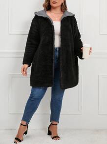 SHEIN LUNE Abrigo teddy de hombros caídos con capucha - Negro - Ver 3