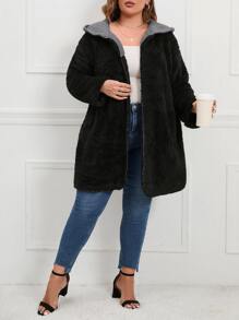 SHEIN LUNE Abrigo teddy de hombros caídos con capucha - Negro - Ver 4