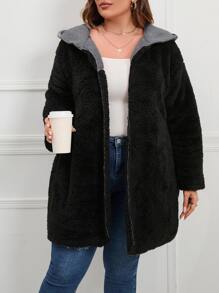 SHEIN LUNE Abrigo teddy de hombros caídos con capucha - Negro - Ver 5