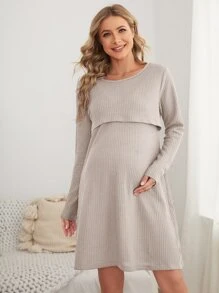 SHEIN Maternity Solid Nursing Lounge Dress - Light Grey - View 4
