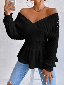 SHEIN Privé Pearl Beaded Dolman Sleeve Overlap Collar Jumper - Black - View 1