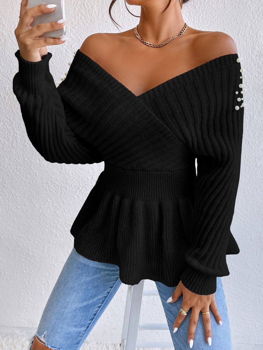 SHEIN Privé Pearl Beaded Dolman Sleeve Overlap Collar Jumper - Black - View 1