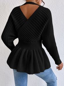 SHEIN Privé Pearl Beaded Dolman Sleeve Overlap Collar Jumper - Black - View 2