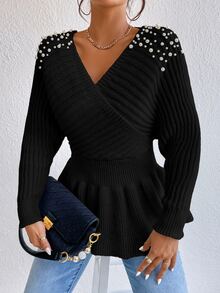 SHEIN Privé Pearl Beaded Dolman Sleeve Overlap Collar Jumper - Black - View 3