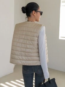 SHEIN COLDBREAK Button Front Sleeveless Padded Coat - Khaki - View 2