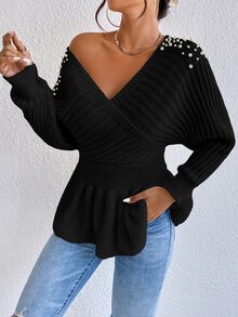 SHEIN Privé Pearl Beaded Dolman Sleeve Overlap Collar Jumper - Black - View 4