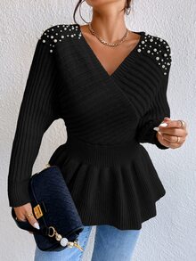 SHEIN Privé Pearl Beaded Dolman Sleeve Overlap Collar Jumper - Black - View 5