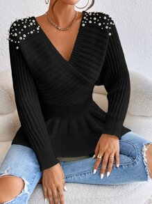 SHEIN Privé Pearl Beaded Dolman Sleeve Overlap Collar Jumper - Black - View 6