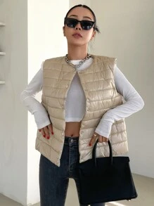 SHEIN COLDBREAK Button Front Sleeveless Padded Coat - Khaki - View 4