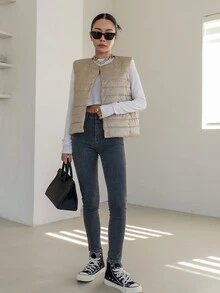 SHEIN COLDBREAK Button Front Sleeveless Padded Coat - Khaki - View 8