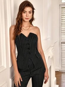 SHEIN BAE Striped Print Tube Top - Black - View 1