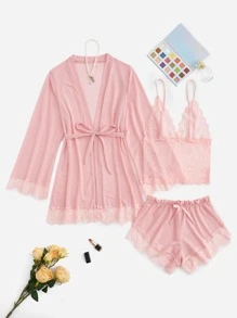 Contrast Lace Mesh Lingerie Set & Belted Robe - Dusty Pink - View 1