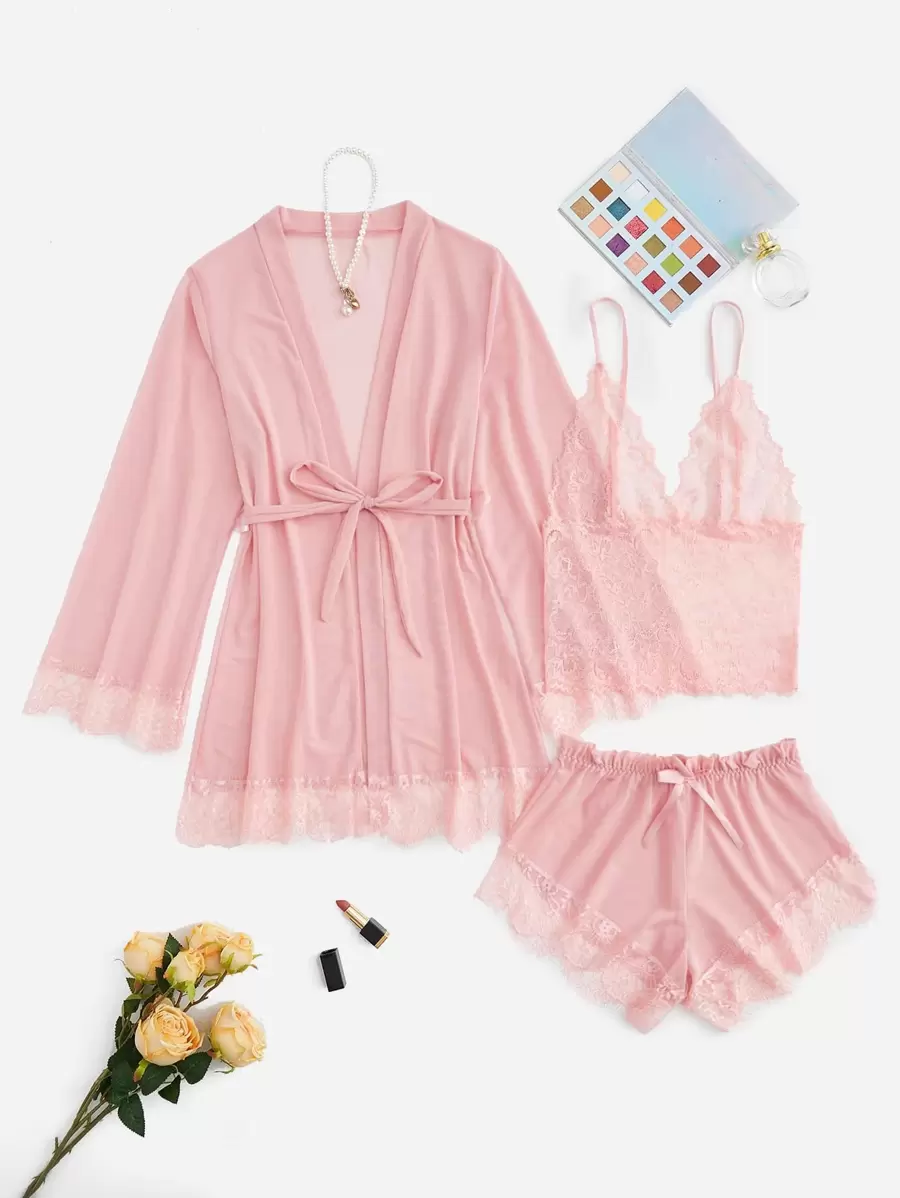Contrast Lace Mesh Lingerie Set & Belted Robe - Dusty Pink - View 1