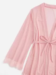 Contrast Lace Mesh Lingerie Set & Belted Robe - Dusty Pink - View 4