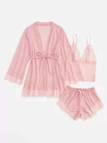 Contrast Lace Mesh Lingerie Set & Belted Robe - Dusty Pink - View 5