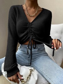 EMERY ROSE V-Neck Drawstring Ruched Casual Versatile Long Sleeve Pullover T-Shirt - Black - View 5