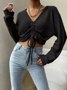 EMERY ROSE V-Neck Drawstring Ruched Casual Versatile Long Sleeve Pullover T-Shirt - Black - View 6