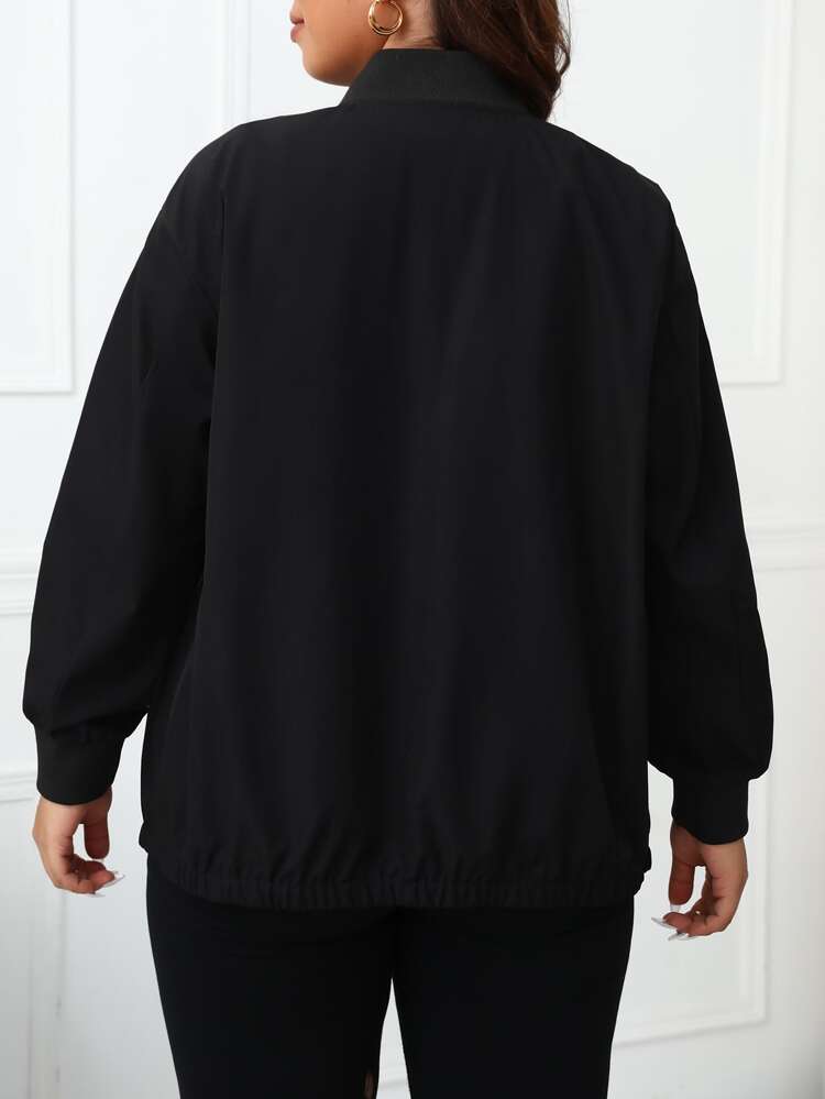 Plus Flap Detail Drop Shoulder Bomber Jacket Fall Winter Cloth For Women Autumn