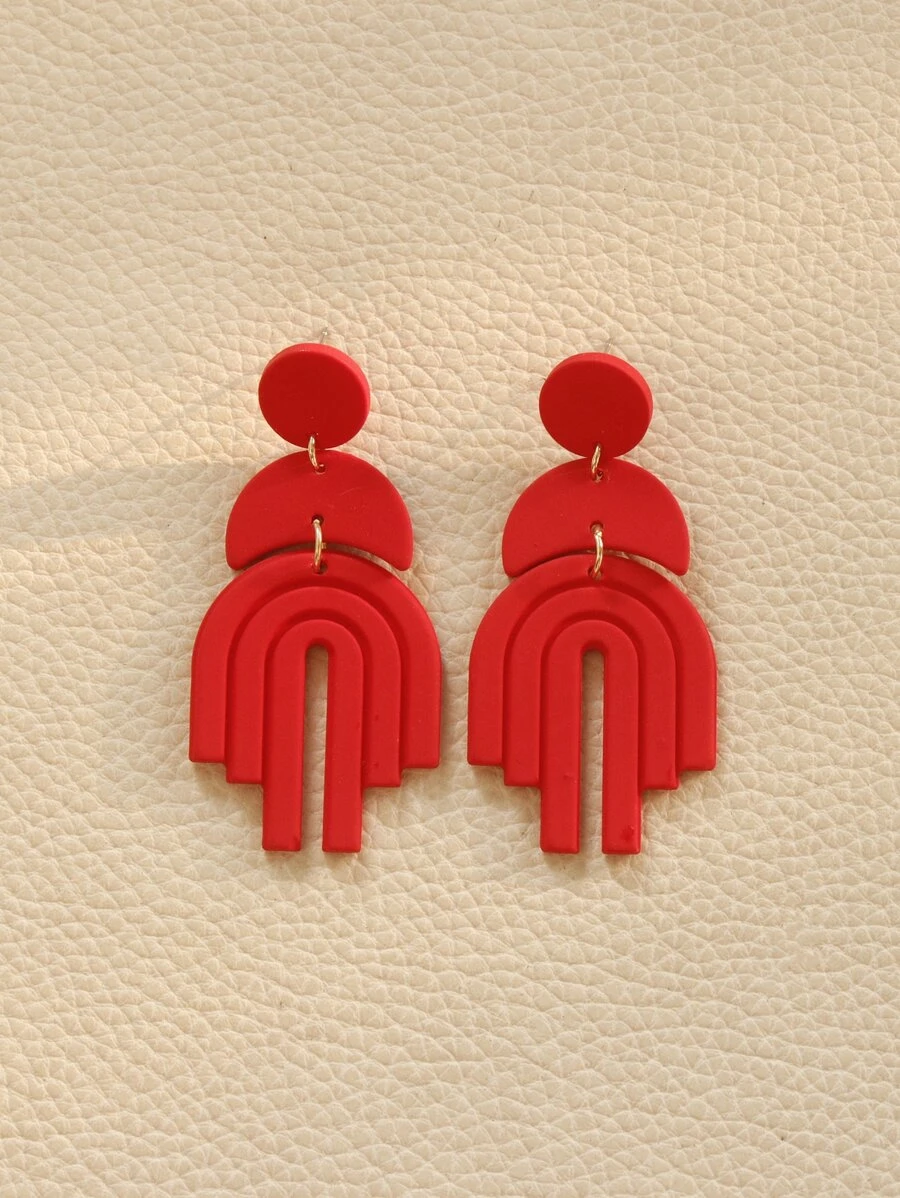 Round Decor Drop Earrings - Red - View 1