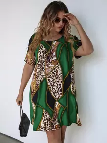 SHEIN LUNE Đầm Plus Size In hoa Báo Giải trí - màu xanh lá - Xem 1