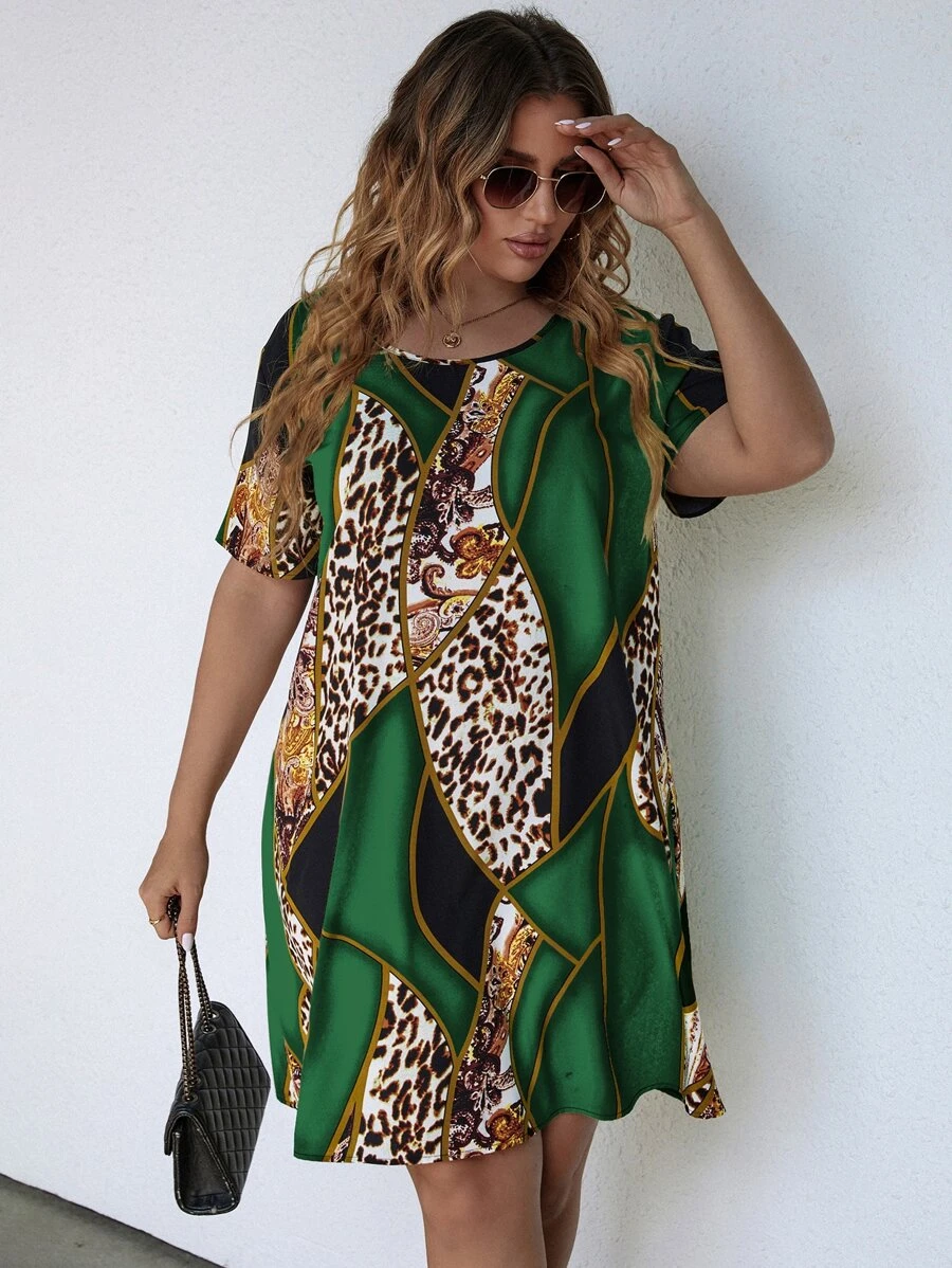 SHEIN LUNE Đầm Plus Size In hoa Báo Giải trí - màu xanh lá - Xem 1