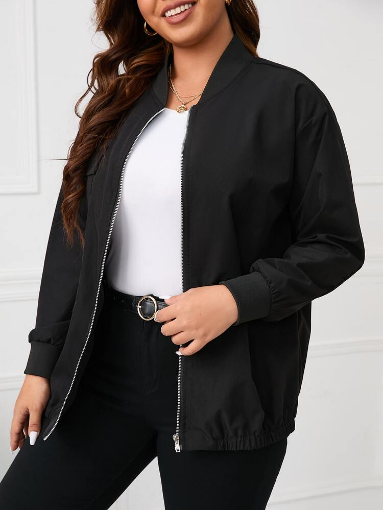 Plus Flap Detail Drop Shoulder Bomber Jacket Fall Winter Cloth For Women Autumn