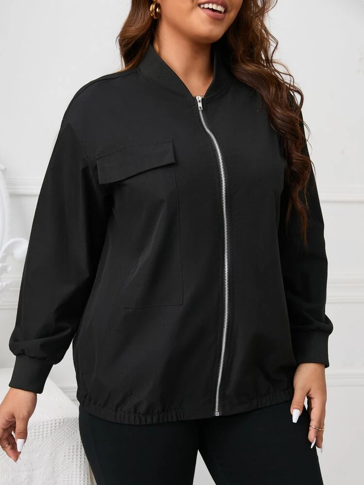 Plus Flap Detail Drop Shoulder Bomber Jacket Fall Winter Cloth For Women Autumn