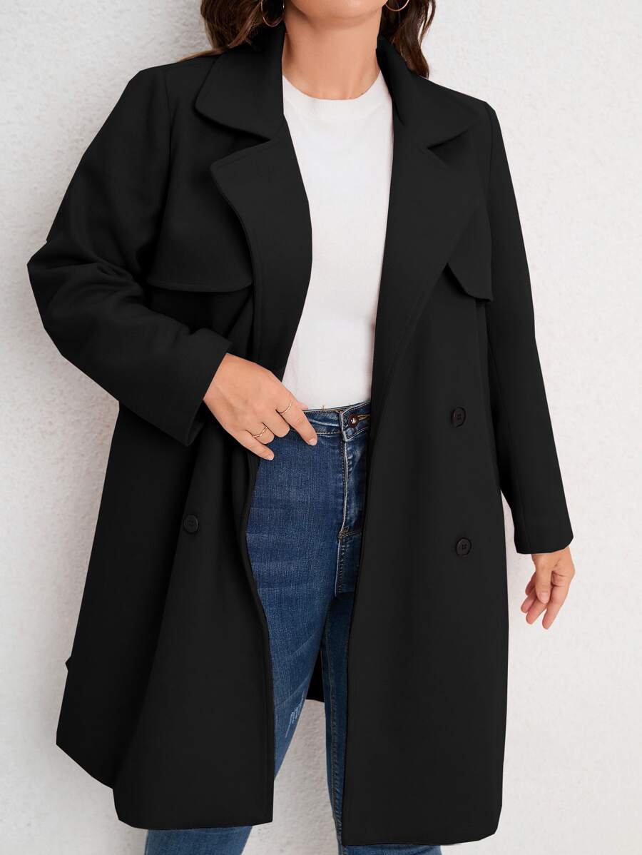 SHEIN LUNE Plus Lapel Neck Double Breasted Belted Overcoat - Black - View 1