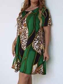 SHEIN LUNE Đầm Plus Size In hoa Báo Giải trí - màu xanh lá - Xem 5
