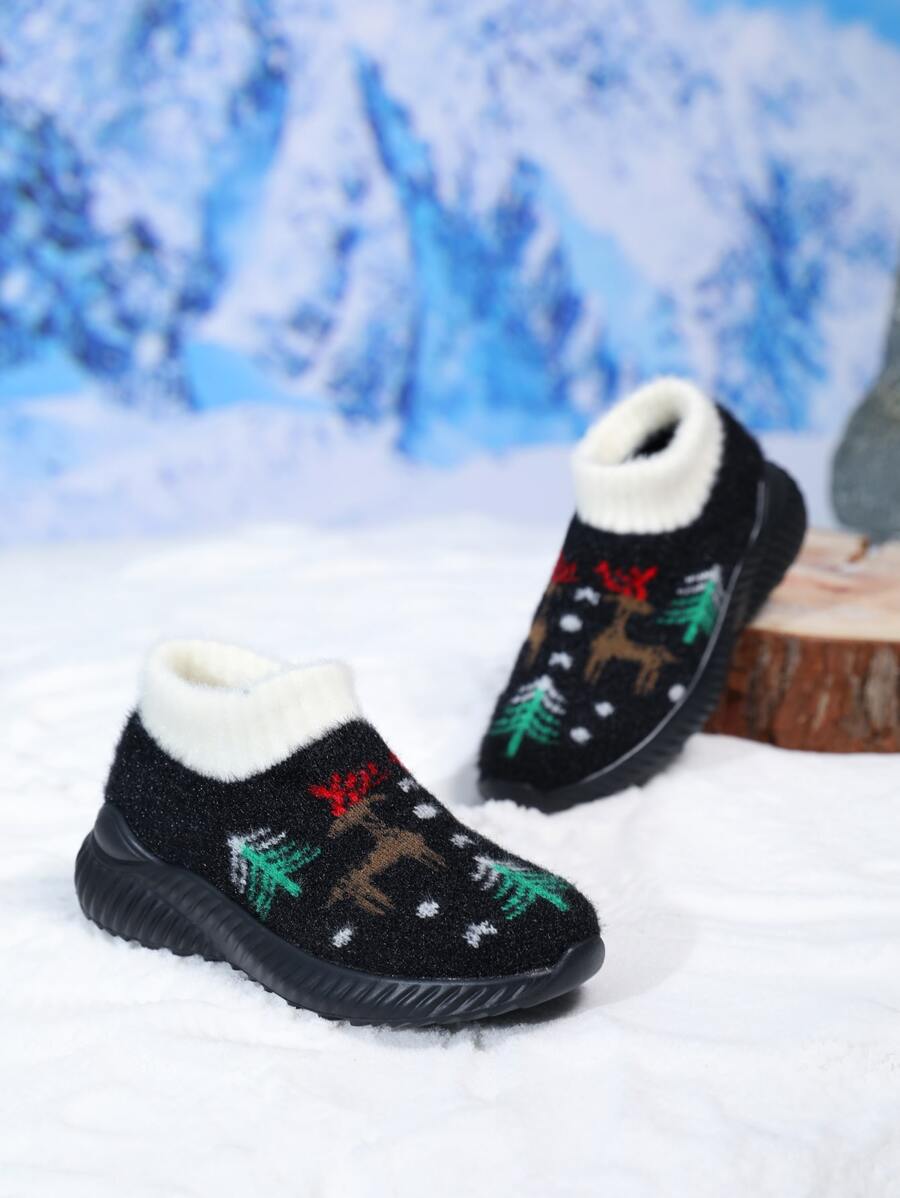Boys Christmas Elk Pattern Slip On Running Shoes - Black - View 1