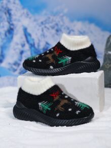 Boys Christmas Elk Pattern Slip On Running Shoes - Black - View 2