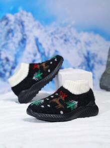 Boys Christmas Elk Pattern Slip On Running Shoes - Black - View 3