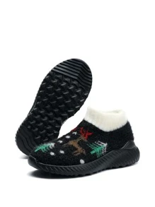 Boys Christmas Elk Pattern Slip On Running Shoes - Black - View 4